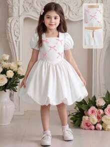 Glamorique Kids 1pc Young Girls' Square Neck Short Puff Sleeve Bowknot Decor Pink Cute Elegant Casual Dress, Suitable For Daily Outing, Travel, Party, Summer, Soft & Comfortable Fabric, 2026 Spring/Summer New Fashion Bubble Dress For Kids Young Girl Dresses Kids Puff Sleeve Dress Charming Kids Dresses White Dress With Pink Bows - White - View 5