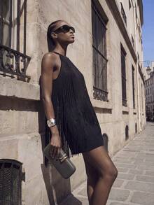 Maija Women's Tassel Neck Tie Fashionable Date Party Mini Dress - Black - View 3