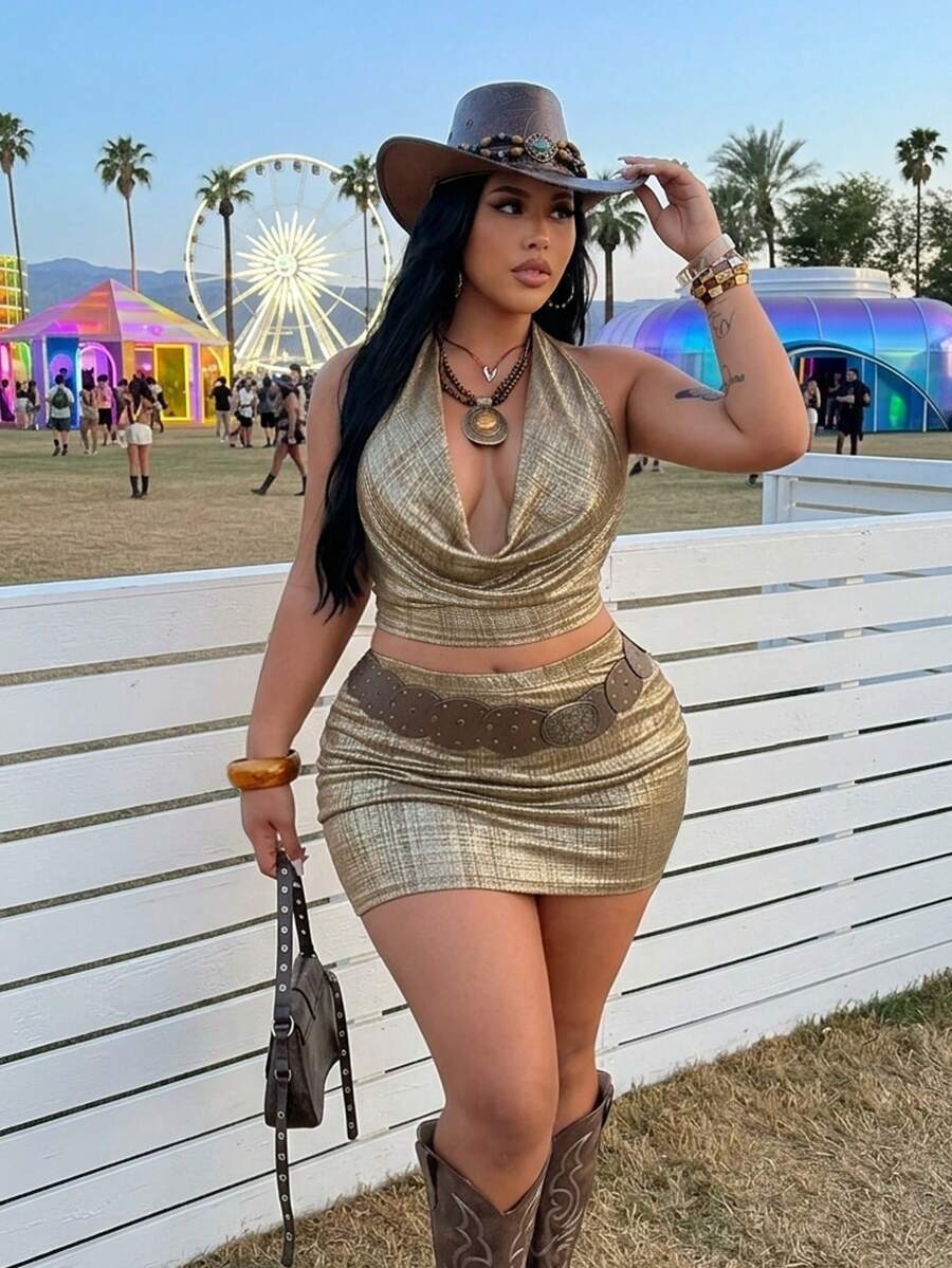 Rustia Plus Size Sexy Metallic Halter Backless Top And Mini Skirt 2 Pieces Set, Summer - Gold - View 1