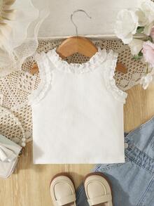 SHEIN Baby Girl Solid Color Frill Trim Round Neck Ribbed Tank Top - White - View 4