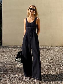 DAZY Women's Oversized Crew Neck Waist Cinched Long Casual Street Style Washed Zip-Up Original Color Denim Jumpsuit Summer - Dark Wash - View 3