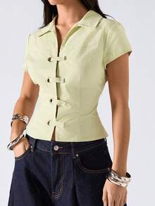 LYSMO 女士休闲纯色收腰衬衫，夏季 - 淡紫色 - 查看 5