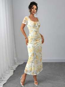 Lyxana Women's Elegant Yellow Floral Print Square Neck Design Front & Middle Bowknot Waist Fitted Midi Dress, Spring/Summer - Yellow - View 4