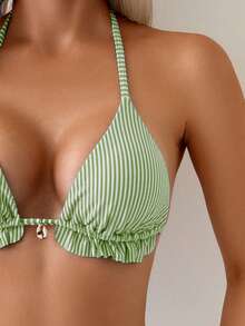 SHEIN Swim 女士两件套条纹荷叶边V领挂脖上衣和系带三角泳裤泳装套装，简约可爱 - 綠色 - 查看 5