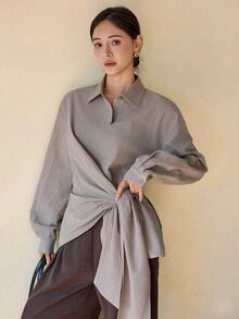 Dazy-Less Women's Striped Drop Shoulder Long Sleeve Side Tie Casual Shirt - Khaki - View 4