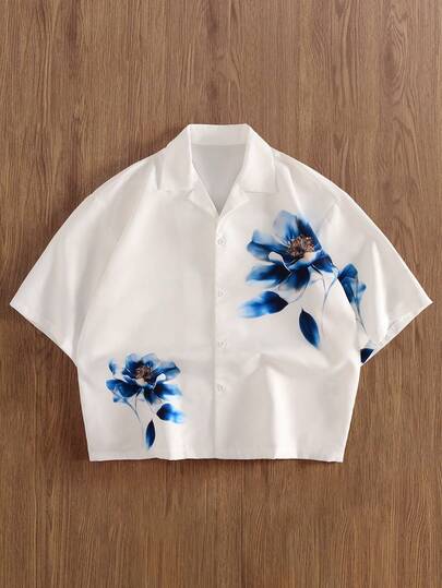 TOKVUE Men's Casual Short Sleeve Shirt, Button Front, Loose Cropped Fit, Woven Top, Floral Pattern Design, Unisex Couple Outfit, Holiday Gift, Boyfriend Gift