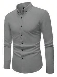 Manfinity Mode Camisa casual de vestir de manga larga y un solo abotonadura de unicolor para hombre - Gris - Ver 6