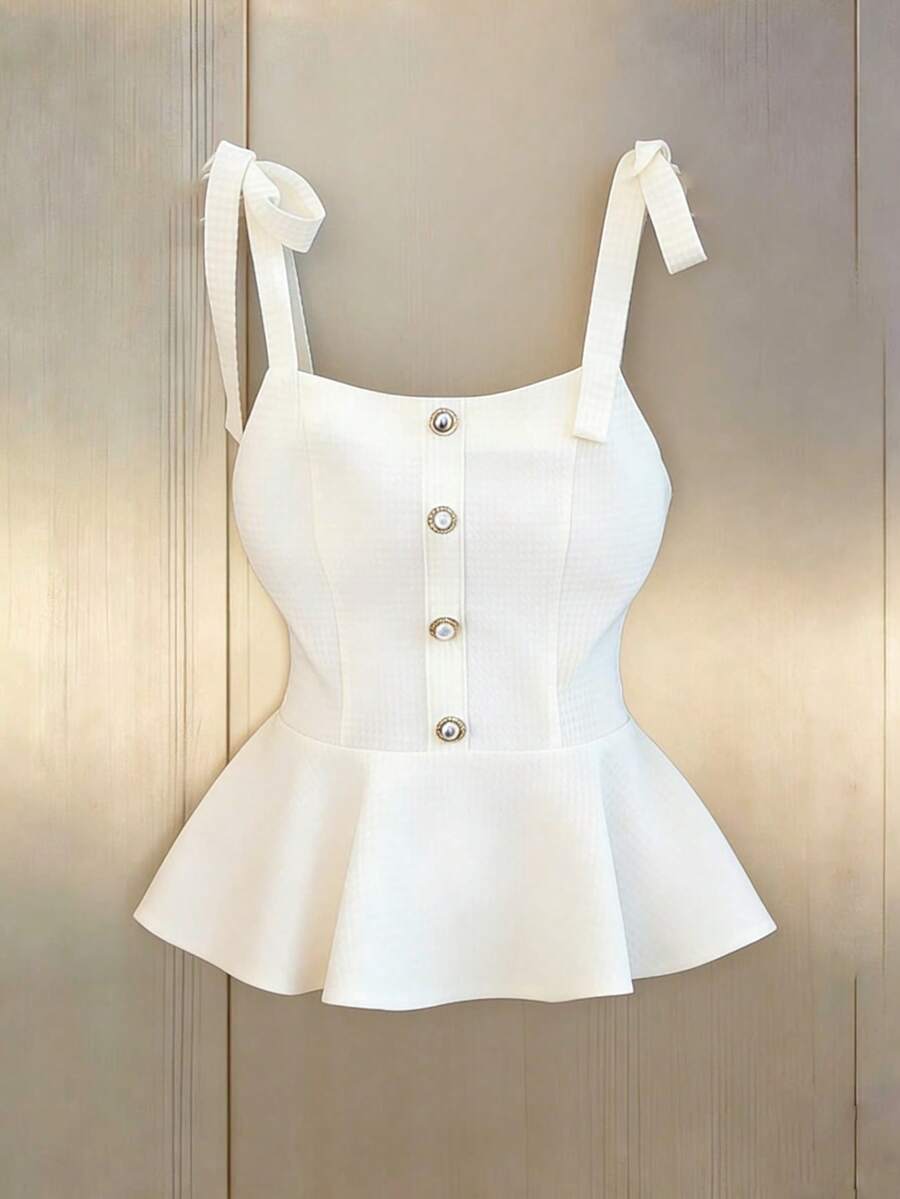 Selianne Nova Regata Feminina Elegante Francesa Versátil com Pregas, Alças com Laço, Fivela de Metal com Pérolas - Bege - Visão 1