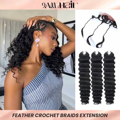 Boho Braids 1 Tóc giả móc sợi màu đen tự nhiên sóng sâu, tóc thật Remy, kiểu sợi lông vũ, tóc bện móc sợi mượt mà, không đường nối, vô hình, không nút thắt, đã được tách sẵn, dài 18-24 inch, 50g