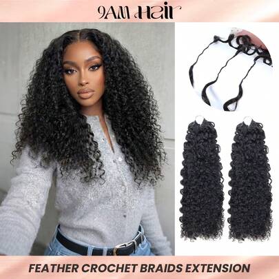  Tóc giả kiểu Boho Braids Pixie xoăn tự nhiên màu đen, kiểu móc sợi, tóc giả Feather Line bằng tóc thật, không thắt nút, đã được tách sẵn, dài 18-24 inch, 50g.