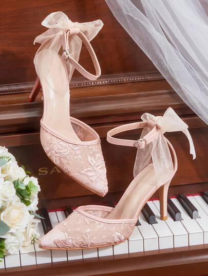 CUCCOO HITCHD 女士尖头高跟镂空粉色蕾丝蝴蝶结贴花优雅浪漫透气婚礼派对高跟鞋