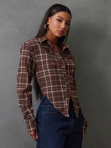 NYA SZN 棕色格子长袖衬衫，纽扣领，商务休闲宽松款式，适合节日、假日派对等场合，尽显奢华优雅，女士必备单品 - 咖啡棕 - 查看 6