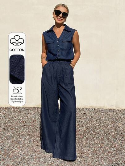 Livesso 春夏复古水洗蓝无袖大口袋牛仔背心开衫上衣搭配宽松休闲直筒牛仔裤套装，适合通勤、休闲、度假、婚礼等场合。