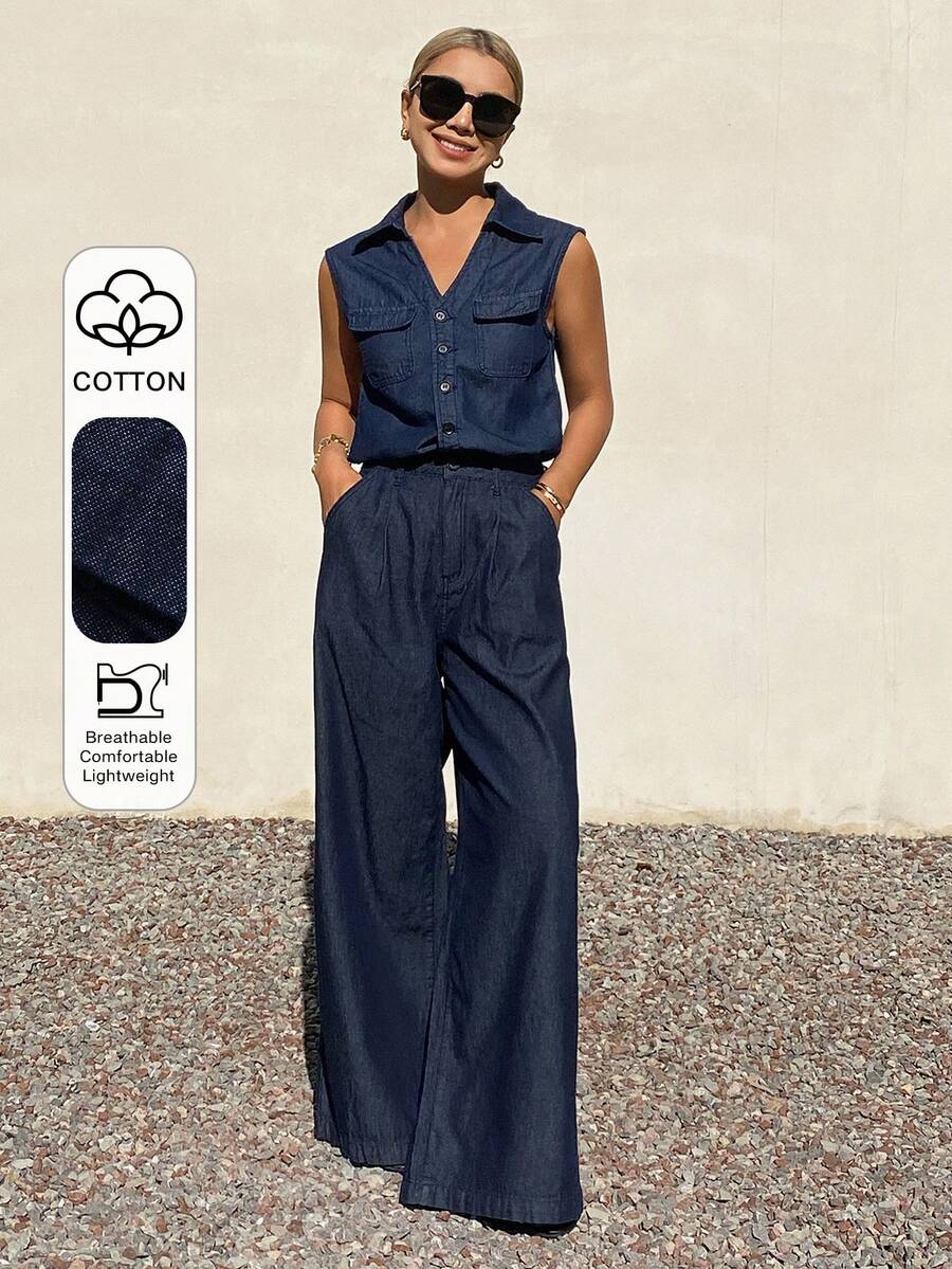 Livesso Bộ đồ mùa xuân hè gồm áo khoác cardigan denim không tay màu xanh nhạt cổ điển có túi lớn và quần jeans ống đứng rộng rãi, phù hợp cho đi làm, dạo phố, du lịch hoặc đám cưới. - Rửa tối - Xem 1