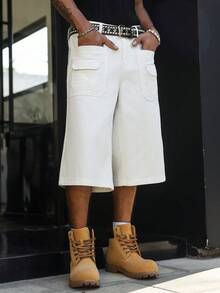 Manfinity Hypemode 男士休闲街头风多口袋白色牛仔短裤 - 白色 - 查看 4