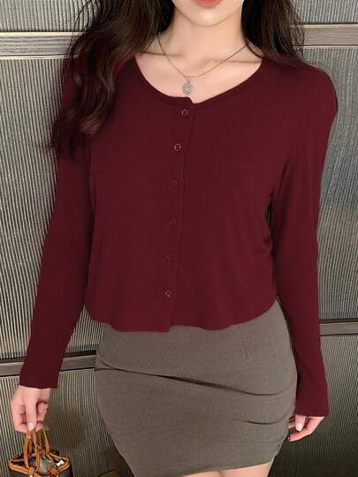 DAZY 女士纯色圆领休闲宽松前开T恤长袖女上衣，秋季女装