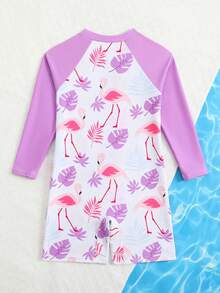 SHEIN 1pc Girls Shark Print Long Sleeve One-Piece Swimsuit, Cute Design, Sun Protection, Summer - Purple - View 2