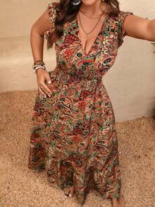 EMERY ROSE Plus Size Women's Beige Summer Boho Vacation Holiday Paisley Print Cap Sleeve Cinched Waist Dress, Spring Picnic, Easter Outing, Music Festival, Flattering Ruffle Hem - Multicolor - View 8