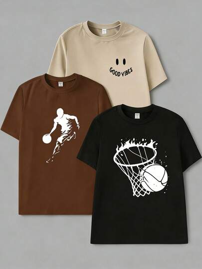 SHEIN 3pcs/Set Teenage Boys' Casual Outdoor Sports Minimalist Round Neck Short Sleeve Tops, Summer