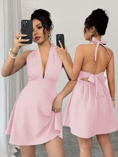 Elenzga Đầm nữ màu trơn cổ chữ V sâu, kiểu dáng gợi cảm, hở lưng, buộc dây.