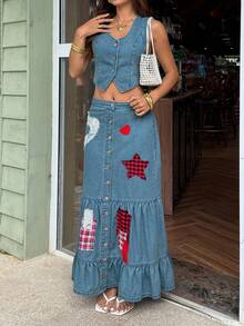 Sunnyshic 女士V领单排扣休闲牛仔背心 - 藍色 - 查看 4