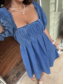 Sunnyshic Women's Denim Extra Long High Slit Dress - Blue - View 3