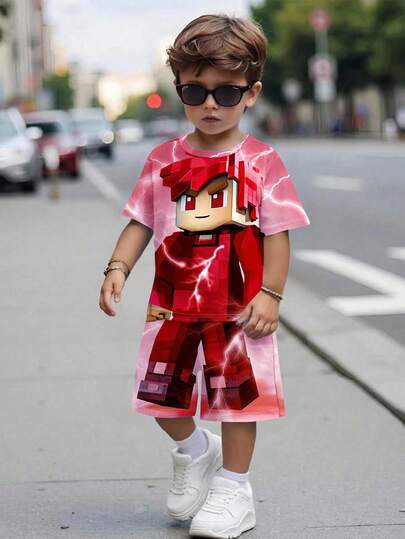 2件套 MC，蓝色，闪电图案，儿童休闲圆领短袖T恤和短裤套装，适合夏季穿着