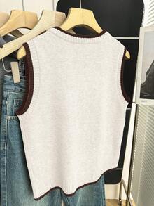 Franclia Brown Stripe Summer Elegant Tea Party Office Women's Knit Vest Minimalist Round Neck Sleeveless Top With Polka Dot Paisley Patchwork Contrast Trim - Multicolor - View 2