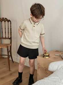 DAZY Áo len cổ polo tay ngắn kẻ sọc cho bé trai, kiểu dáng thường ngày, thích hợp cho mùa hè. - Màu be - Xem 5