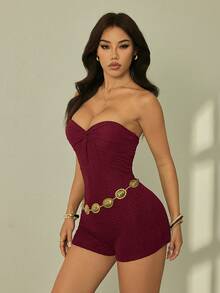 SHEIN PETITE 女士纯色抹胸扭结休闲迷你连衣裙 - 酒紅色 - 查看 6