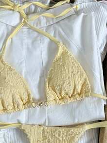 Swim Mod Women's 2026 Spring/Summer New Buttercup Yellow Jacquard Textured V-Neck Backless Triangle Bikini Two Pieces Swimsuit, Sexy & Sweet For Beach Vacation Yellow Two Piece Set Bikini Yellow Two Piece Swimsuit Yellow Two Piece Set Women Zante Holiday Outfit - Yellow - View 7