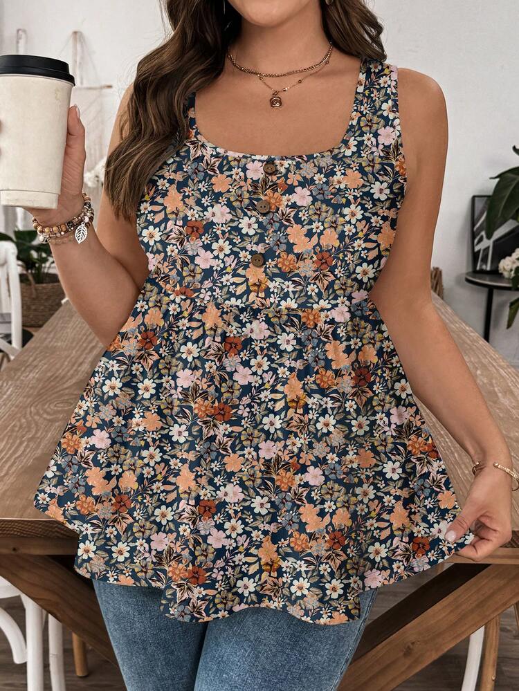 EMERY ROSE Plus Size Women Floral Print Ruffle Hem Casual Tank Top, Suitable For Summer - Multicolor - View 1