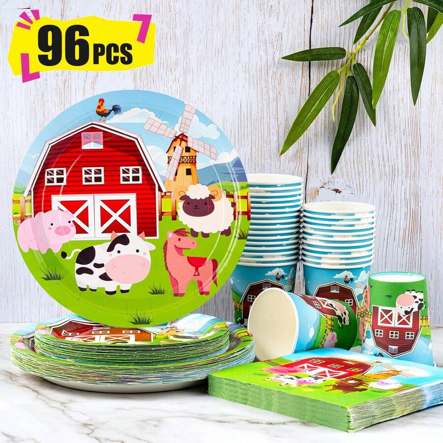 Bộ đồ dùng tiệc dùng một lần Happy Farm gồm đĩa, khăn ăn và cốc giấy, phục vụ 24 khách. Bộ đồ dùng tiệc bằng giấy dùng một lần này phù hợp cho sinh nhật, đám cưới, tiệc theo chủ đề và dã ngoại gia đình. - Xem 1
