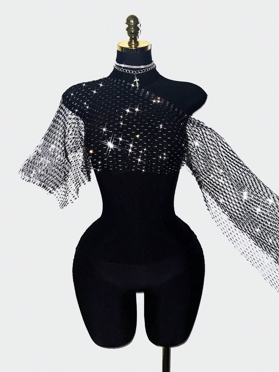 EgrlEra Women's Fishnet Rhinestone Cropped Top, Suitable For Holiday Party Outfits - Black - View 1