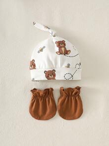 SHEIN Bộ 5 món quần áo bé trai bé gái sơ sinh, bộ đồ gấu, romper liền chân, quần, mũ & bao tay, họa tiết chấm bi nâu trắng, mùa thu, dễ thương, quà tặng lễ hội, thoáng khí - Nhiều màu - Xem 8