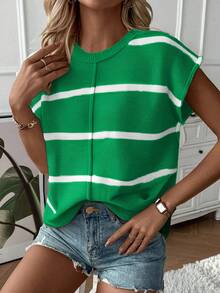 SHEIN LUNE 女士休闲宽松圆领插肩无袖针织背心，时尚条纹拼布套头毛衣背心，秋冬 - 綠色 - 查看 5