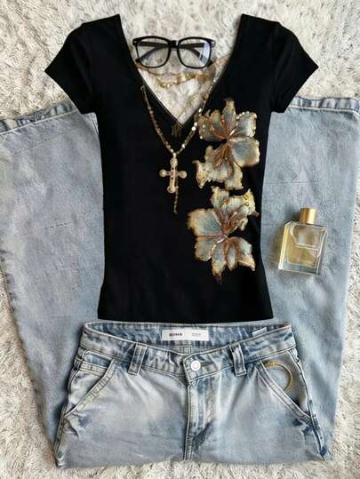 Glimmora 女士刺绣V领短袖休闲百搭T恤