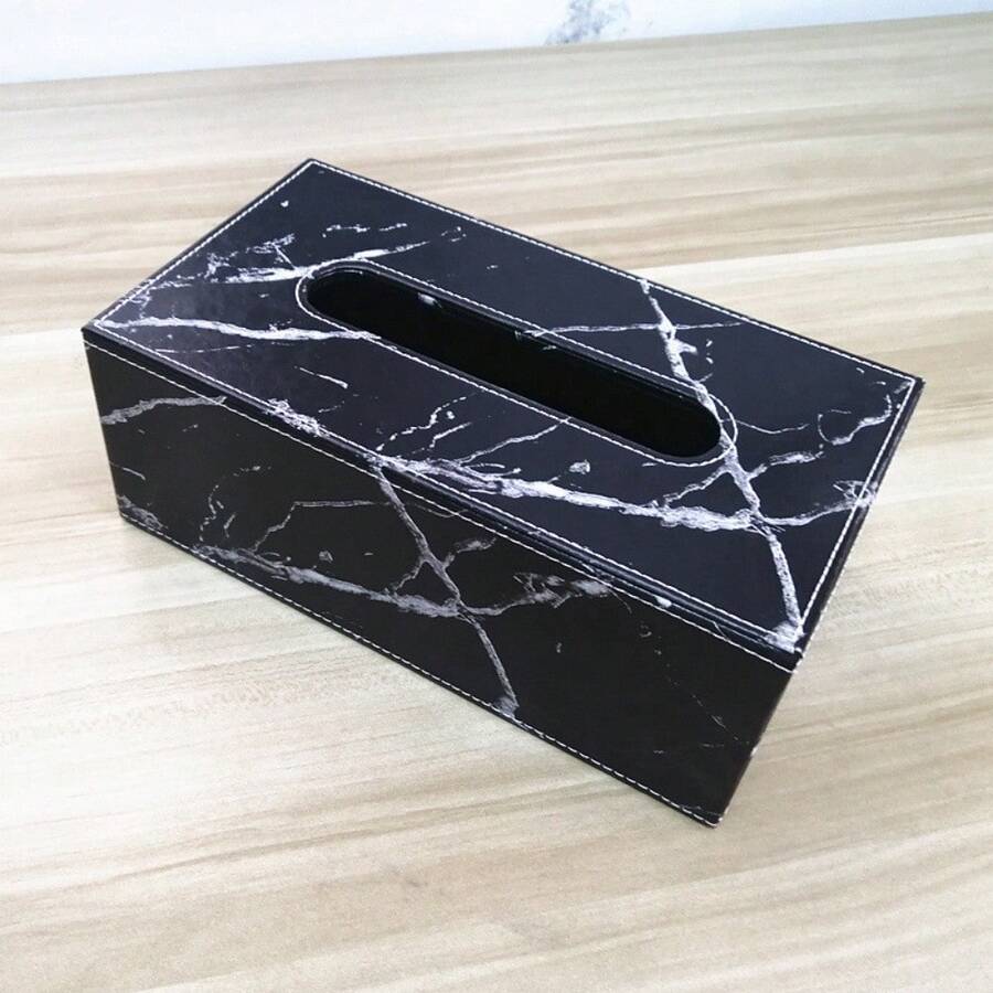 1个黑色大理石纹PU皮革纸巾盒套，白色缝线，适用于汽车/家居浴室装饰，秋季装饰，返校季装饰 - 黑與白 - 查看 1