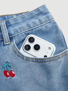 Rivivi 女士樱桃刺绣口袋休闲牛仔短裤 - 藍色 - 查看 4