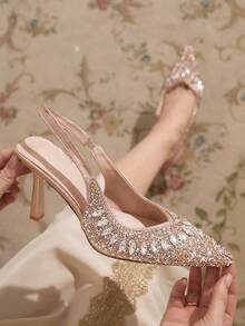 CUCCOO TILAWA Pointed Toe High Heel Rhinestone Wedding Shoes, Closed Toe Champagne Formal Party Pumps For Christmas - Champagne - View 2