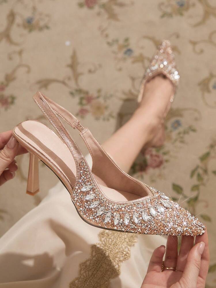 CUCCOO TILAWA Pointed Toe High Heel Rhinestone Wedding Shoes, Closed Toe Champagne Formal Party Pumps For Christmas