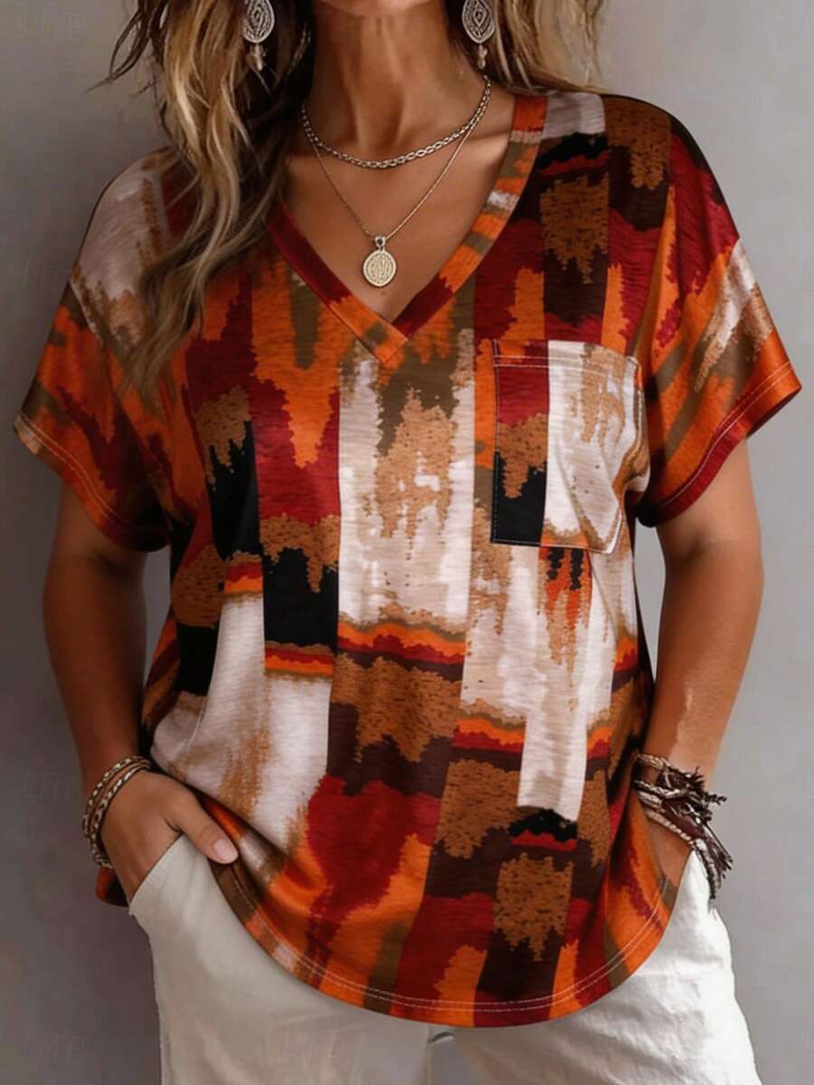 SHEIN 大码女式法式休闲优雅宽松短袖T恤V领衬衫，夏季大地色系女装，锈棕色上衣，夏季女式衬衫，新款T恤衬衫，休闲波西米亚风女装，波西米亚风女装夏季休闲上衣 - 彩色 - 查看 1