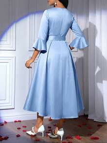 SHEIN Lady Women's Blue Round Neck Flare Sleeve Elegant Mid-Length Dress - Blue - View 2