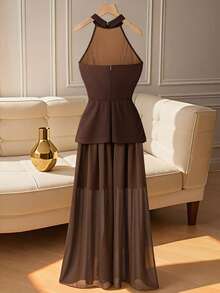 Franclia Große Größen Damen Neues elegantes, romantisches, luxuriöses - Geburtstagsparty, Abendgala, Urlaub, Alltag, graziöser Arbeitsweg, französischer Stil - Off-Shoulder Spaghetti-Träger Kleid mit goldenem Schnallenverschluss, Chiffon-Patchwork, elegantes Partykleid, elegantes Partykleid mit Mesh-Einsätzen, Abendkleid für besondere Anlässe, Damen Abendkleid in Braun - Kaffeebraun - Übersicht 2