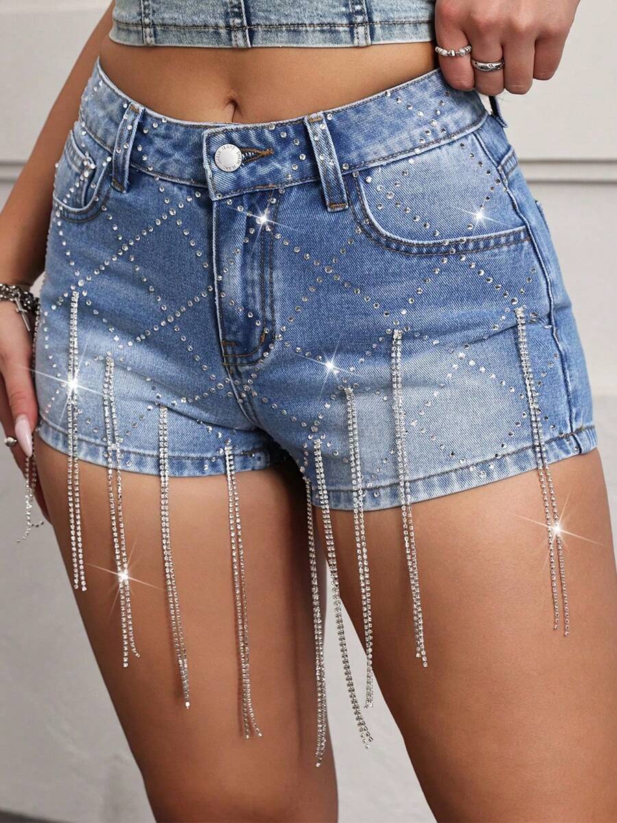 SHEIN PETITE Summer PETITE Women's Rhinestone Tassel Design High Waisted Rhinestone Fringe Denim Shorts For Women Sparkly Crystal Tassel Summer Shorts Pocket Fashionable Denim Shorts - Medium Wash - View 1