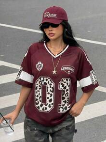 SHEIN Tween Girls' Casual Leopard Print & Number Graphic T-Shirt, Letter & World Cup Music Festival Minimalist Style, Paired With Jeans For Outdoor Travel, Summer Streetwear Tops Women Baseball Shirts For Women Baseball Shirt Girls - Red - View 1