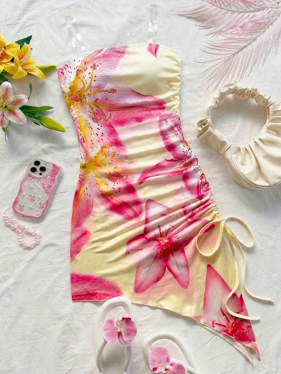 SHEIN Tween Girl Floral Print Ruched Twist Front Dress, Fashionable For Dates Vacation And Parties,Kids Holiday Pale Yellow Summer Tropical - Yellow - View 1