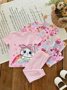 SHEIN 4件套 Dozemod 儿童女童休闲简约修身圆领短袖上衣和裤子家居服套装，卡通图案，适合春夏穿着 - 淺粉色 - 查看 8