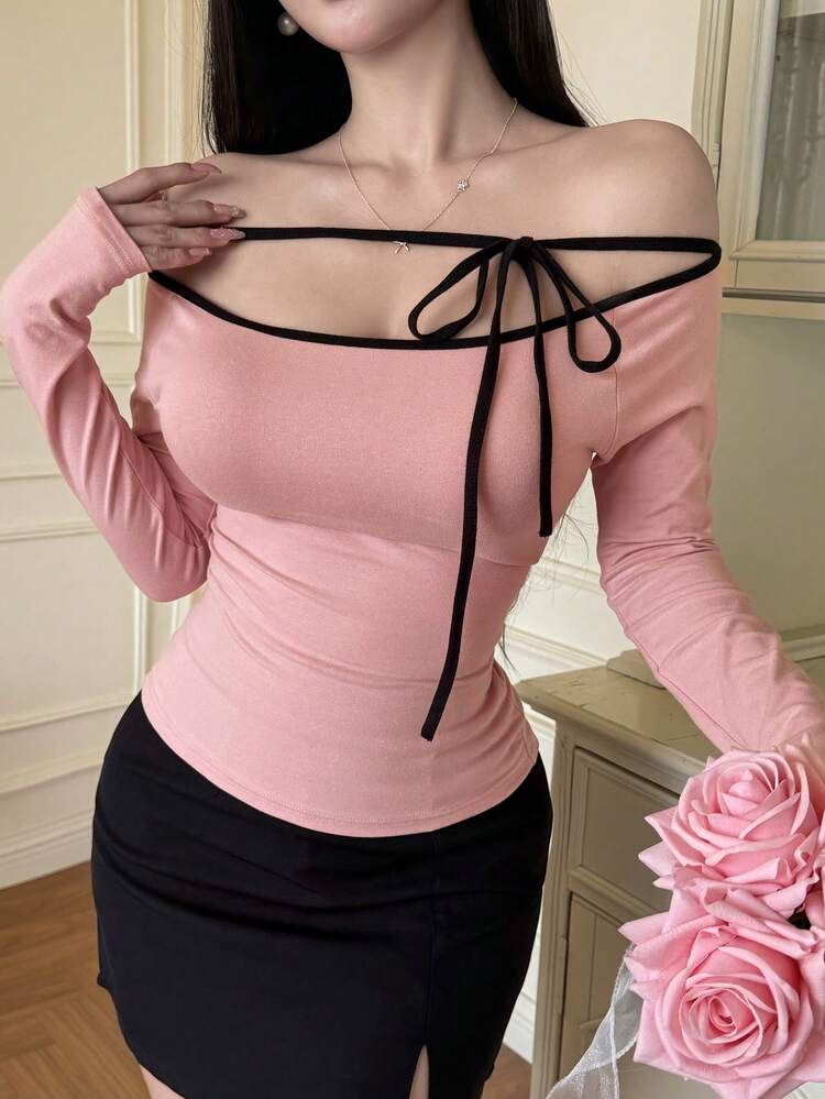 Women's Off Shoulder Long Sleeve Tie Front Fitted Fashion T-Shirt