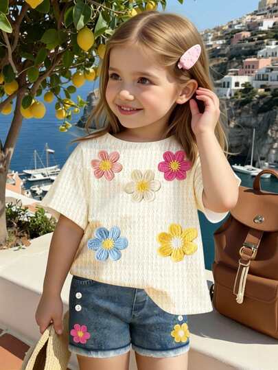 Spring And Summer 2-Piece Outfit For Baby Girls, Featuring Colorful Floral Pattern, Textured Design, Casual Cycling Shorts And Comfortable T-Shirt, Suitable For Everyday Wear And Outdoor Activities